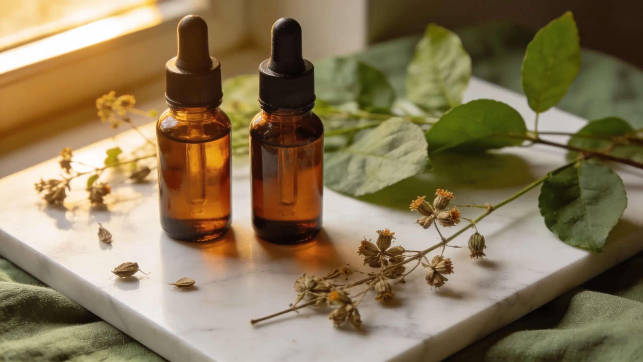 Two amber glass bottles on marble surface with botanical leaves for bakuchiol vs retinol comparison