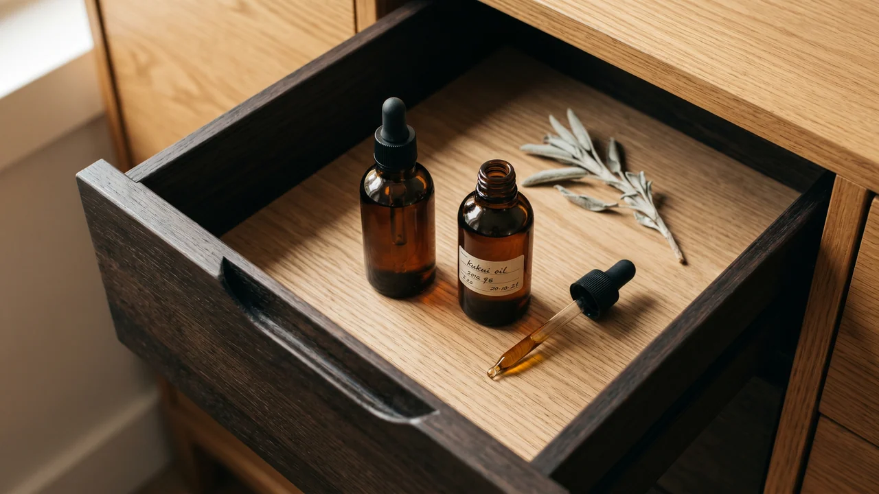 Two dark amber bottles of kukui oil stored in a dark wooden drawer on an oak surface