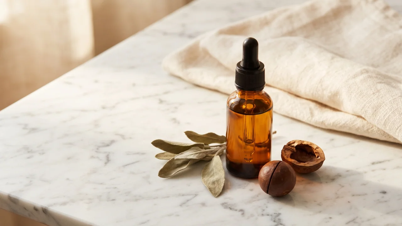 Amber glass bottle of kukui oil on marble with botanical leaves and nut shells
