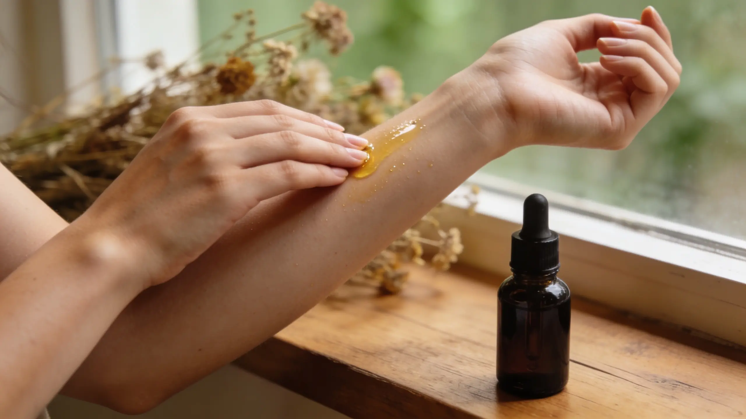 Close-up of fingertips massaging oil into skin for scar treatment