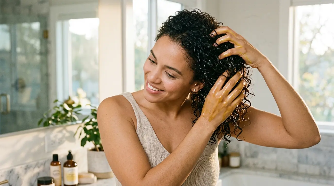 Scrunching with oil for curly hair - technique explained