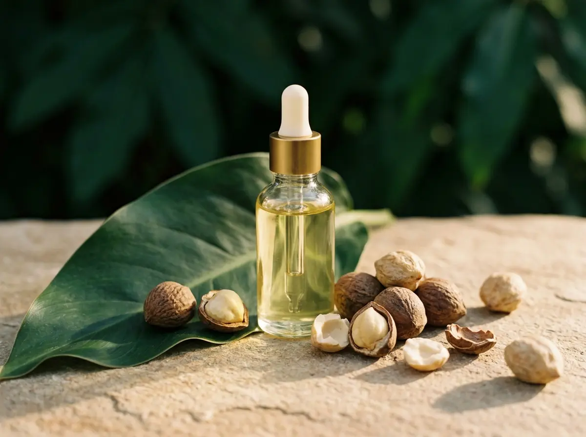 Amber glass bottle of kukui oil with green botanical leaves on a warm linen background